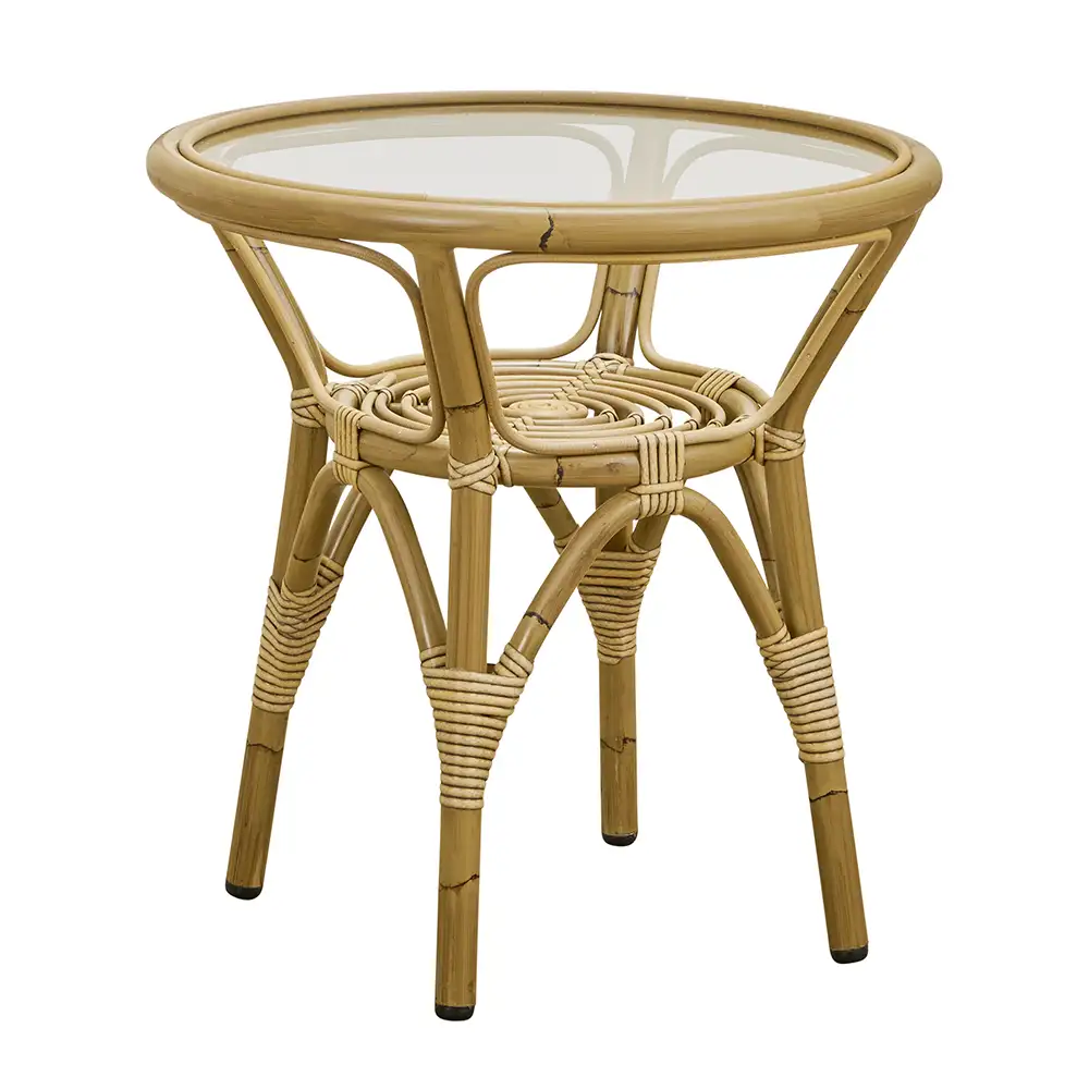 Tony Beistelltisch mit Glasplatte Kunst Rattan antik