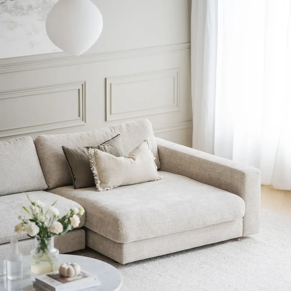 Duncan Chaiselongue rechts Stoff Robin hellgrau