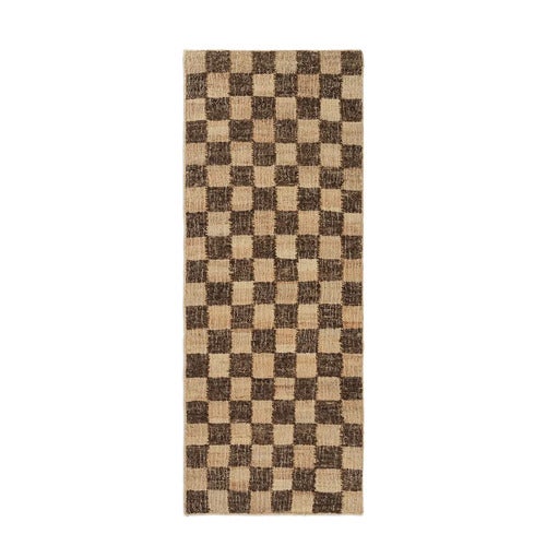 Handgewebter Wollteppich Check 70x180 cm Coffee