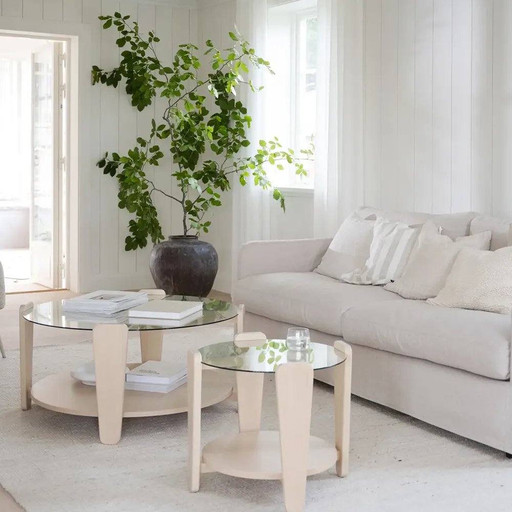 Arran Couchtisch Ø52 weiß pigmentierte Eiche/Glas