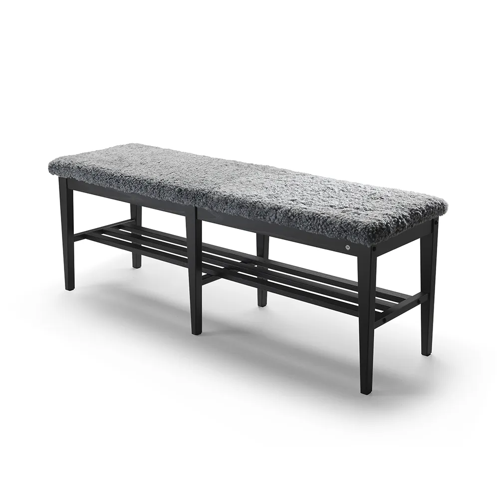 Nadja Bench 130 cm Esche schwarz gebeizt/Schafsleder Hellgrau