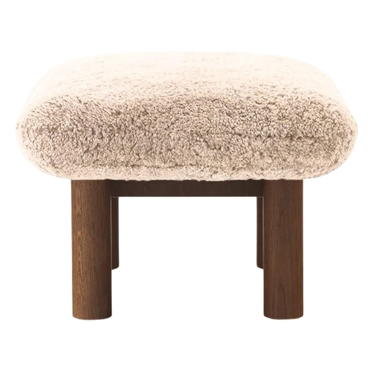 Brasilia Hocker aus massiver Eiche dunkel gebeizt, Sheepskin Nevotex Nature