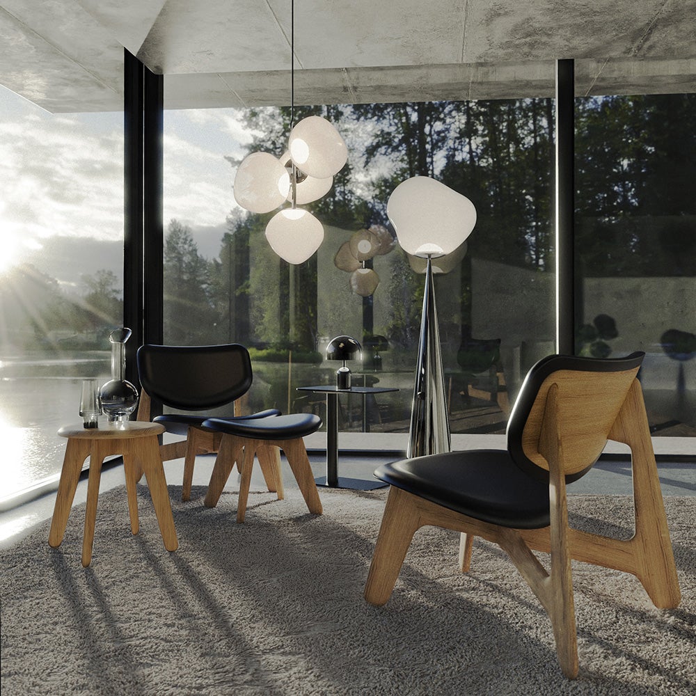 Slab loungesessel naturholz schwarzem Leder