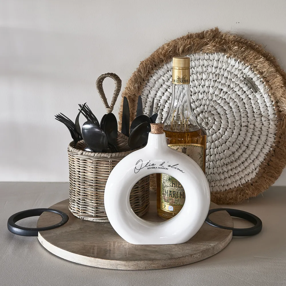 Handgefertigte Essig- und Ölflasche Olio D'Oliva Off White