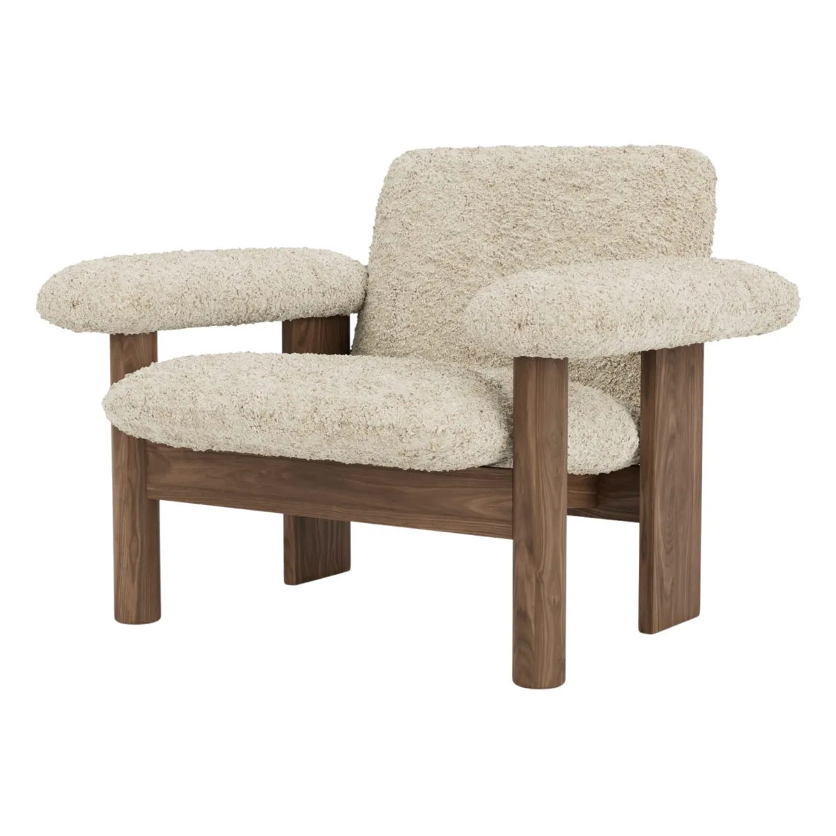 Brasilia Loungesessel Vollbezogen Niedrige Rückenlehne Vierbeingestell Massiv Nussbaum Sheepskin Nevotex Nature