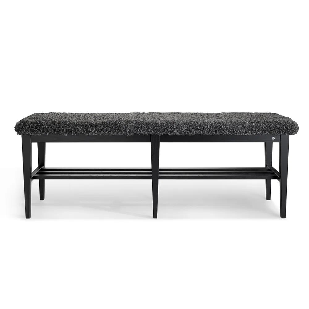 Nadja Bench 130 cm Esche schwarz gebeizt/Schafsfell Look Grey