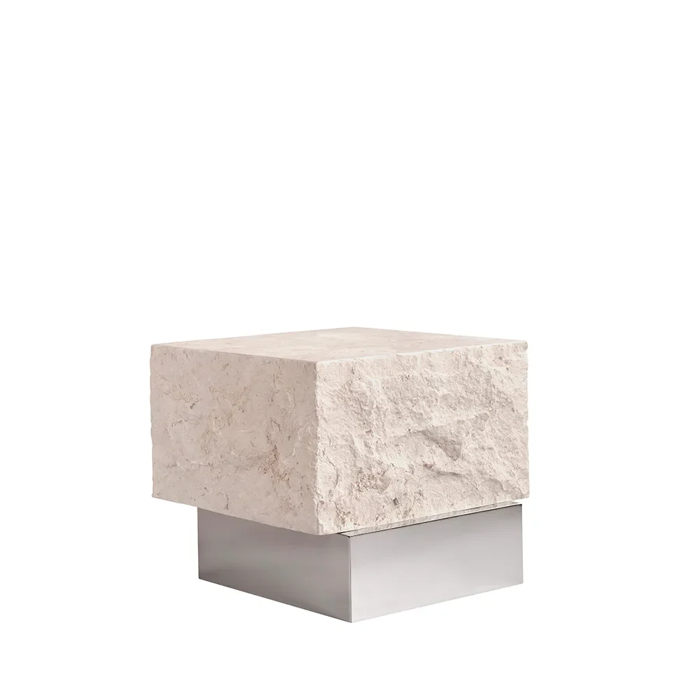 Temple Couchtisch, niedrig – Chrom / Limestone