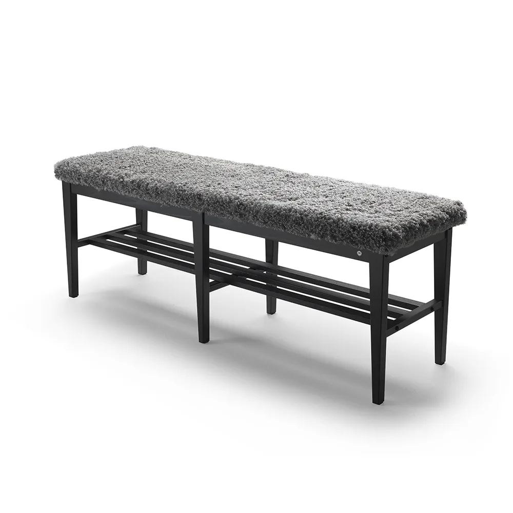 Nadja Bench 130 cm Esche schwarz gebeizt/Schafsfell Look Grey