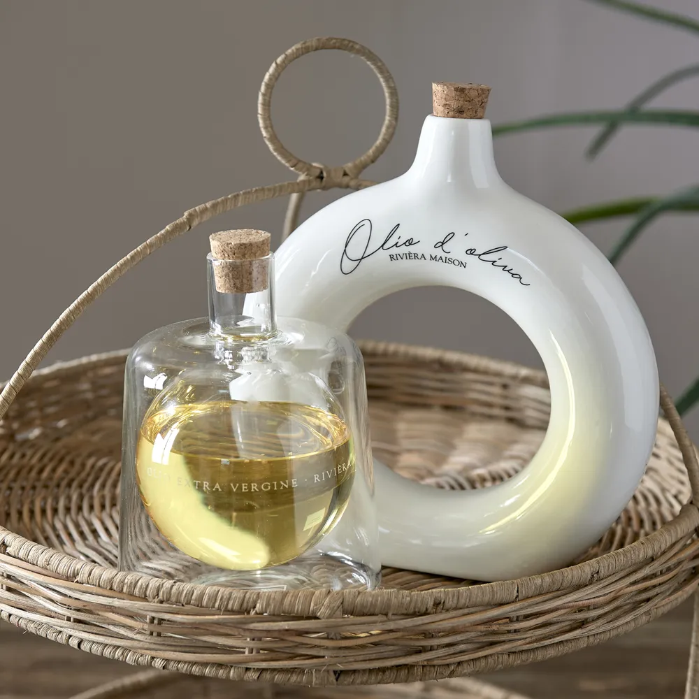 Handgefertigte Essig- und Ölflasche Olio D'Oliva Off White